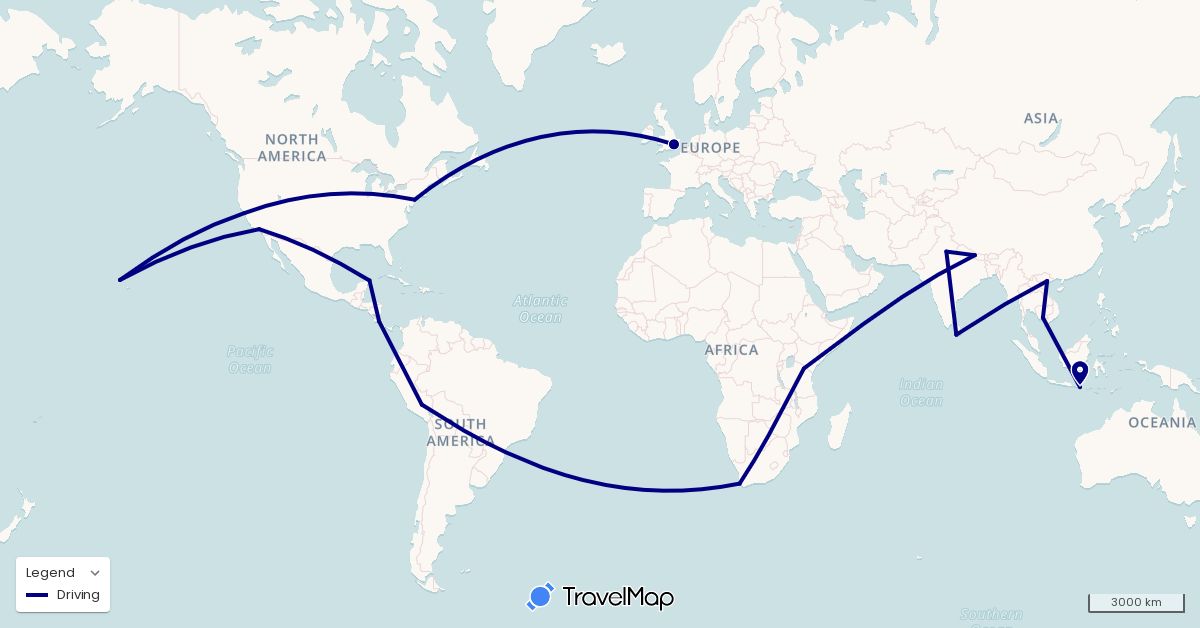 TravelMap itinerary: driving in Costa Rica, United Kingdom, Indonesia, India, Cambodia, Sri Lanka, Mexico, Nepal, Peru, Tanzania, United States, Vietnam, South Africa (Africa, Asia, Europe, North America, South America)